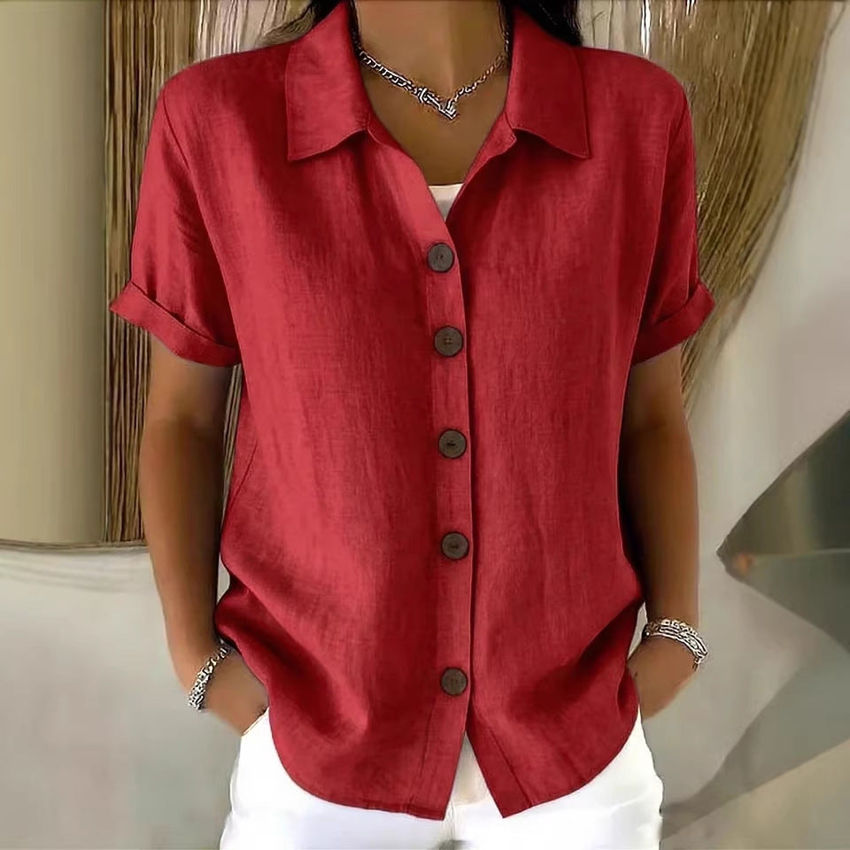 Shirt Collar Short Sleeve Button Top – Loose Fit Cotton-Linen Casual