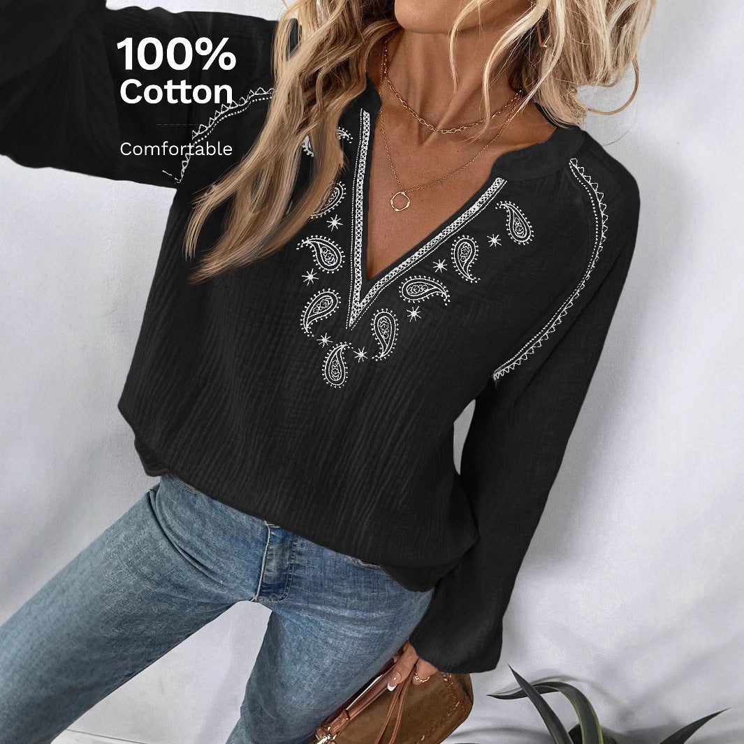 Embroidered Ethnic Style Puff Sleeve Cotton Top – V-Neck