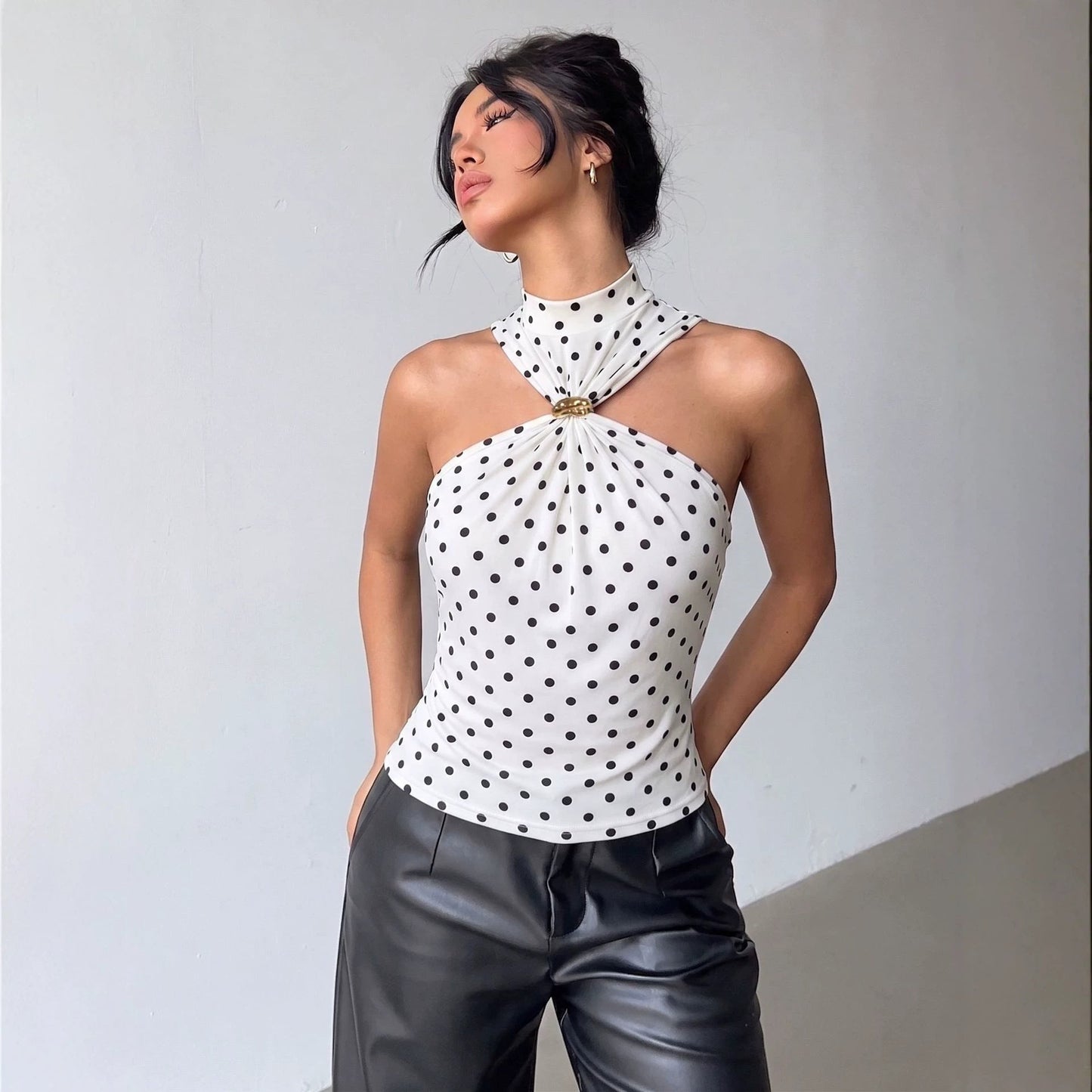 Polka Dot Halterneck Sleeveless Crop Top – Metal Ring Cross-Front Fitted