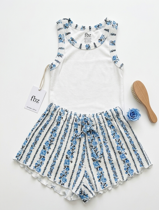 FBZ - White with Blue Floral Tank Top & Shorts Set