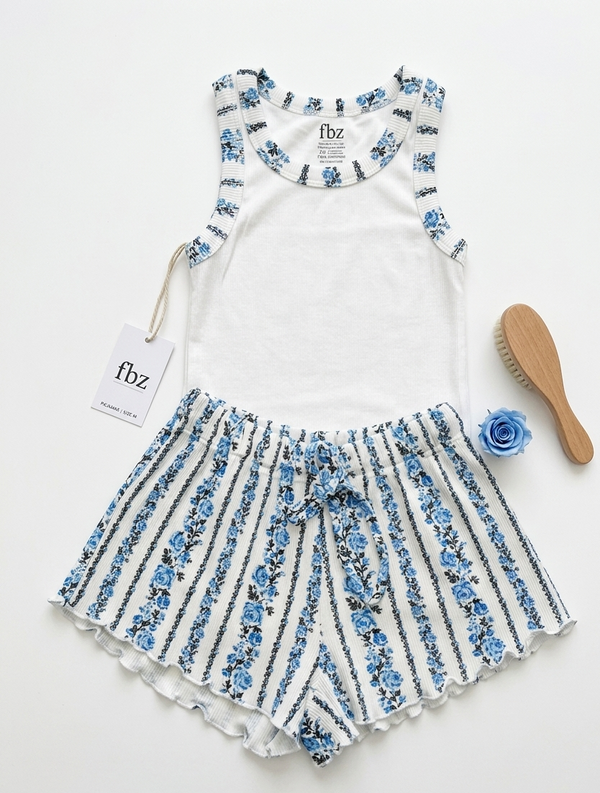 FBZ - White with Blue Floral Tank Top & Shorts Set