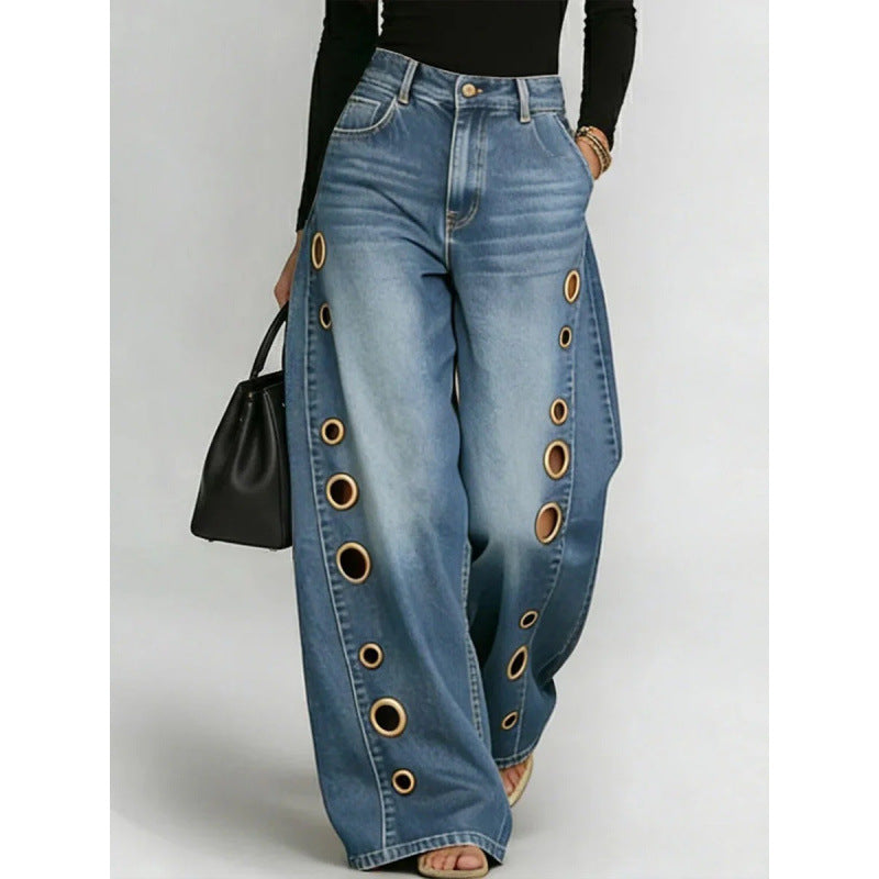 Women's Metal Eyelet High Waist Loose Wide-Leg Jeans – Light Blue, Black, Dark Blue