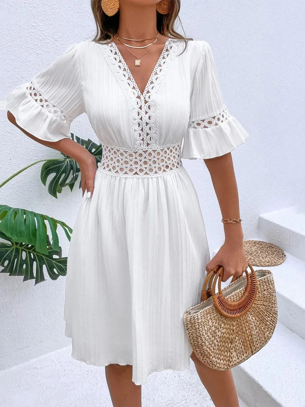 Cutout V-Neck Flounce Sleeve Mini Dress – Ruffled Lined Style
