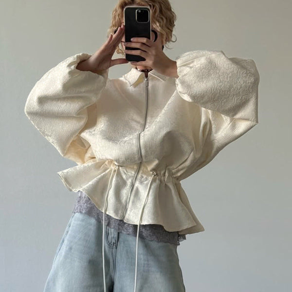 Long Sleeve Zip-Up Cropped Jacket with Turn-Down Collar