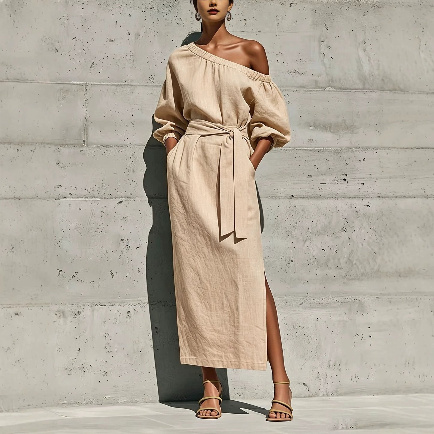 Women's Asymmetric Neck Linen Maxi Dress – Belted with Side Slit & Pockets