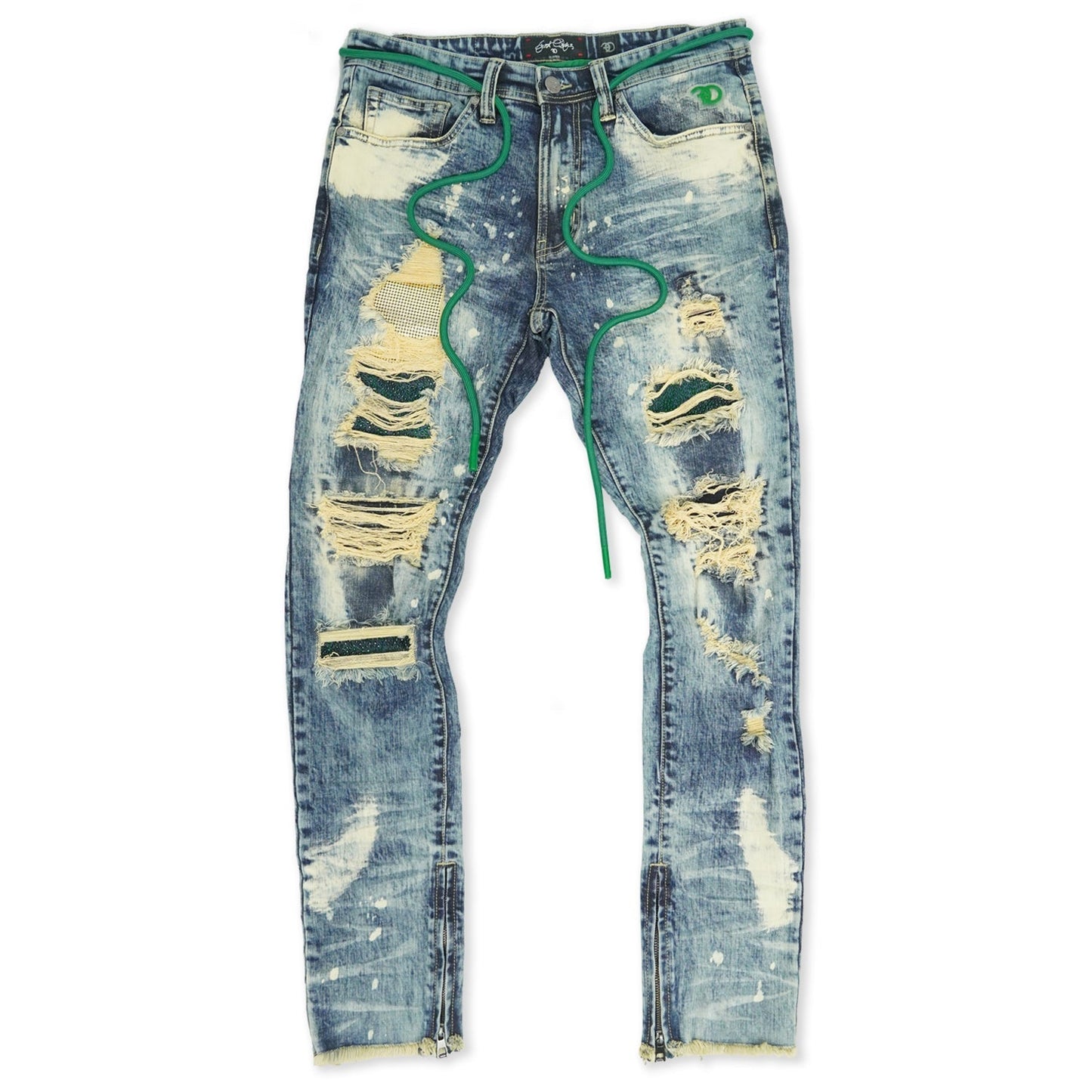 F1756 Denim Jeans w/ Rhinestones & Bottom Leg Zipper - Vintage Wash