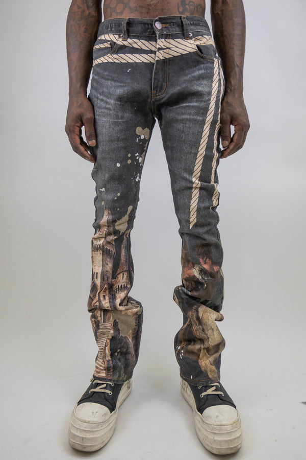RM203SK - Graphic Printed Stacked Jeans