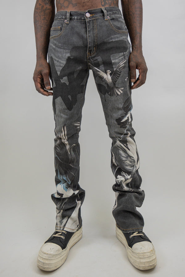 RM204SK - Graphic Printed Stacked Jeans