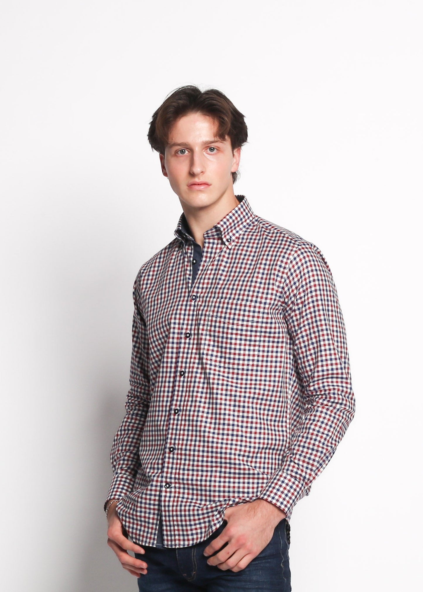 Dei Vinc Men's Shirts 100% Cotton Voile in Brown/Blue Plaid