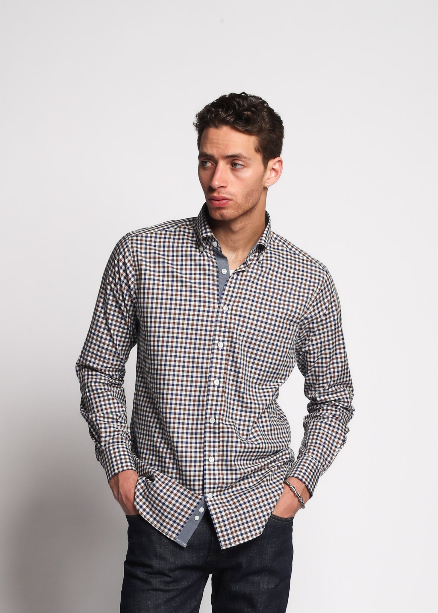 Dei Vinc Men's Shirts 100% Cotton Voile in Red/Blue Plaid