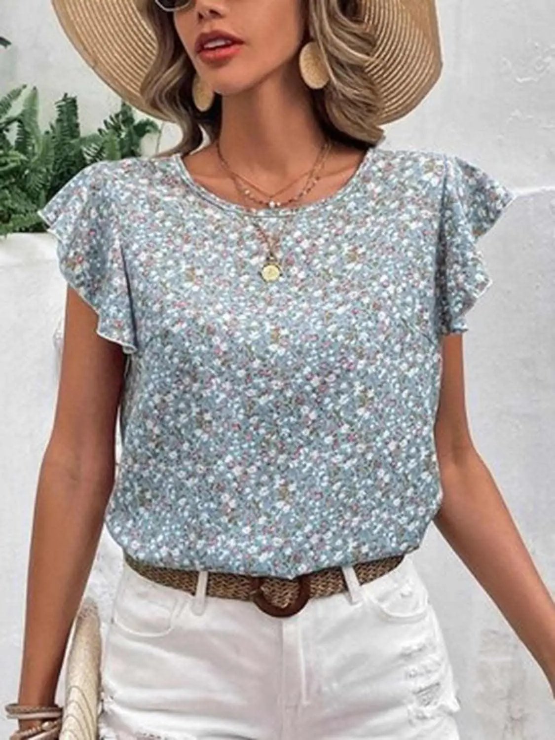 Trendsi Ditsy floral cap sleeve top