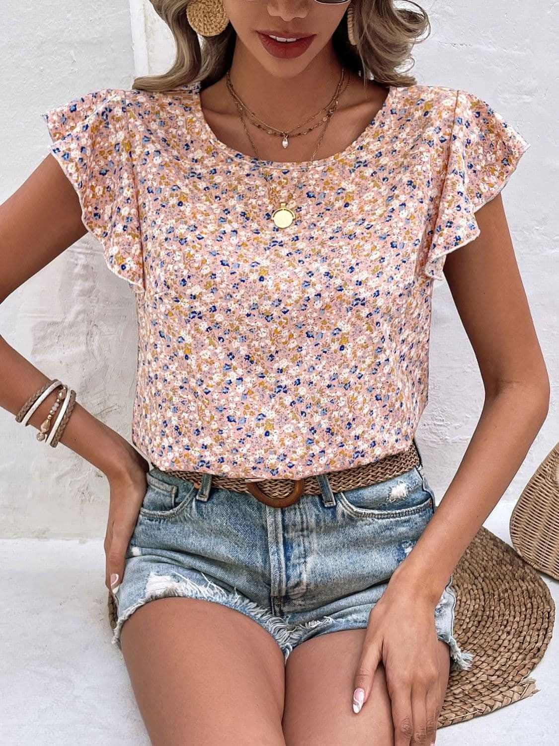 Trendsi Ditsy floral cap sleeve top