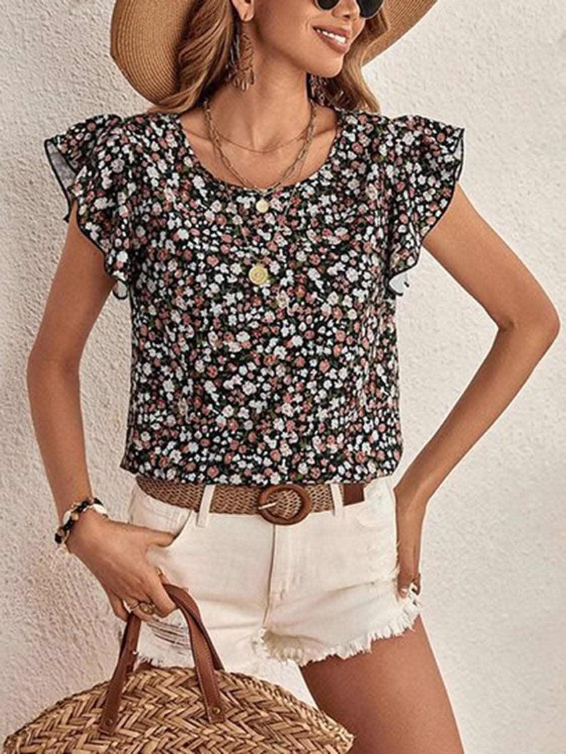 Trendsi Ditsy floral cap sleeve top