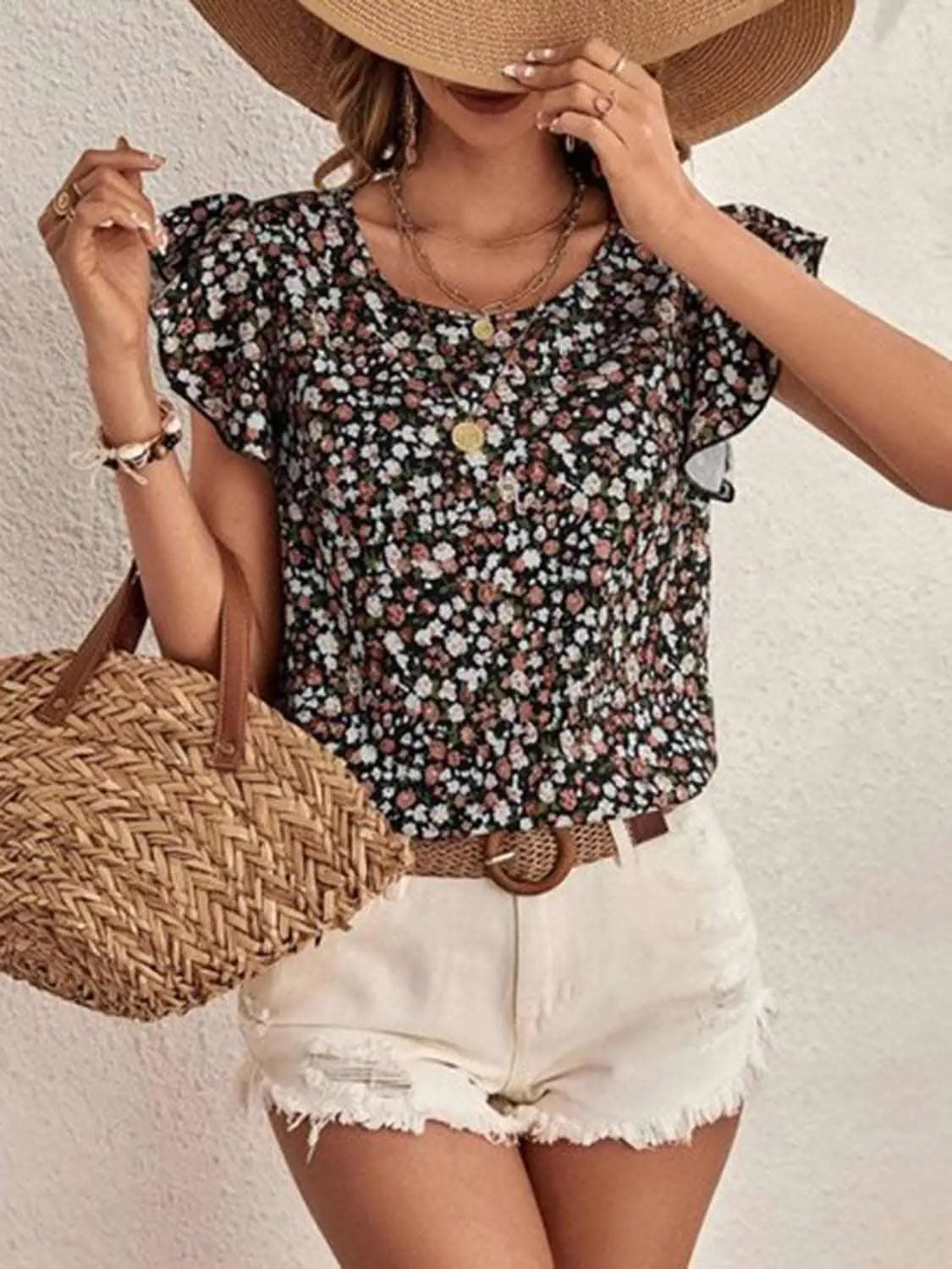 Trendsi Ditsy floral cap sleeve top