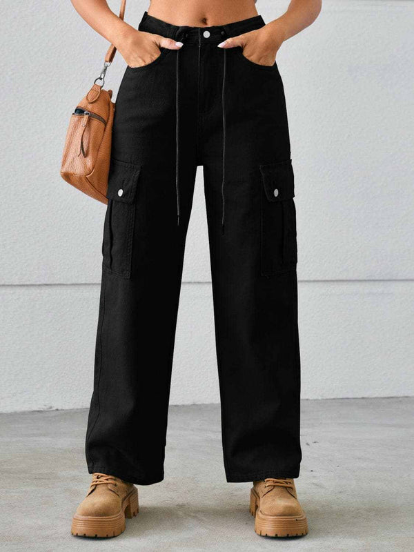 Trendsi Drawstring Cargo Jeans Women's Casual Mid-Rise Denim Pants - Premium Fit
