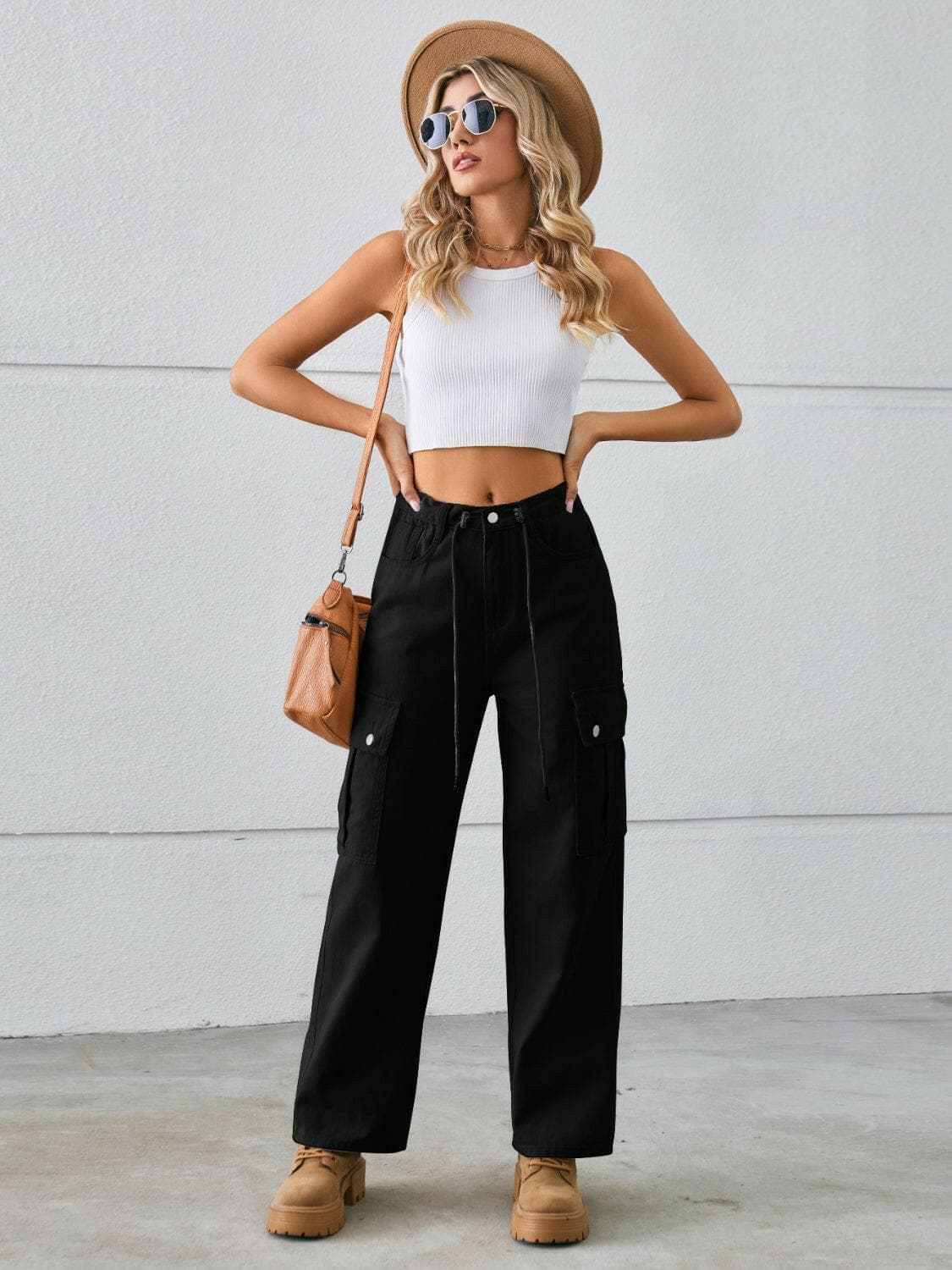 Trendsi Drawstring Cargo Jeans Women's Casual Mid-Rise Denim Pants - Premium Fit