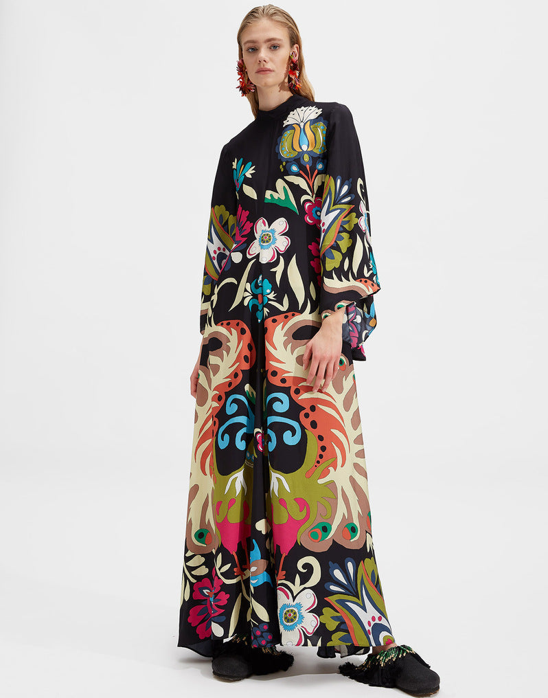 Women's Printed Maxi Dress – Stand Collar Flared Sleeve A-Line Gown