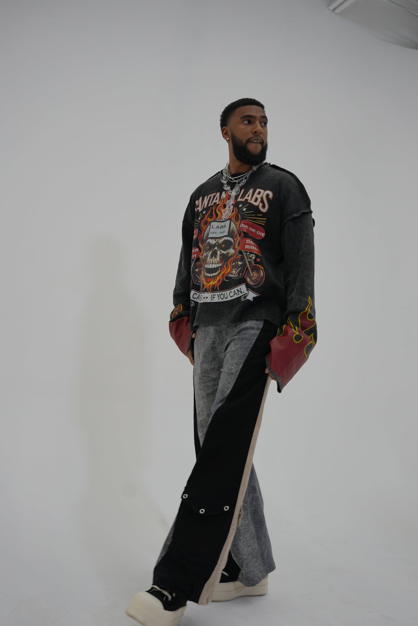 Double Wide Leg Flare Stone Wash Grey, Black, & Cream Denim