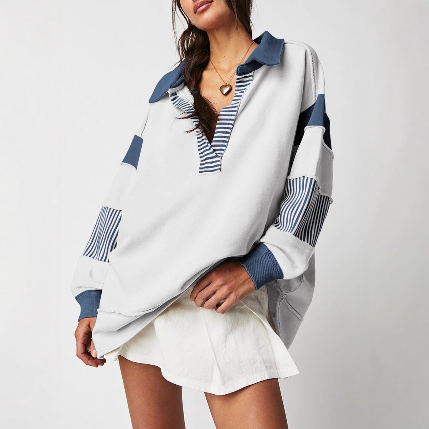 Stripe Color Block Deep V-Neck Loose Sweatshirt Top – Long Sleeve