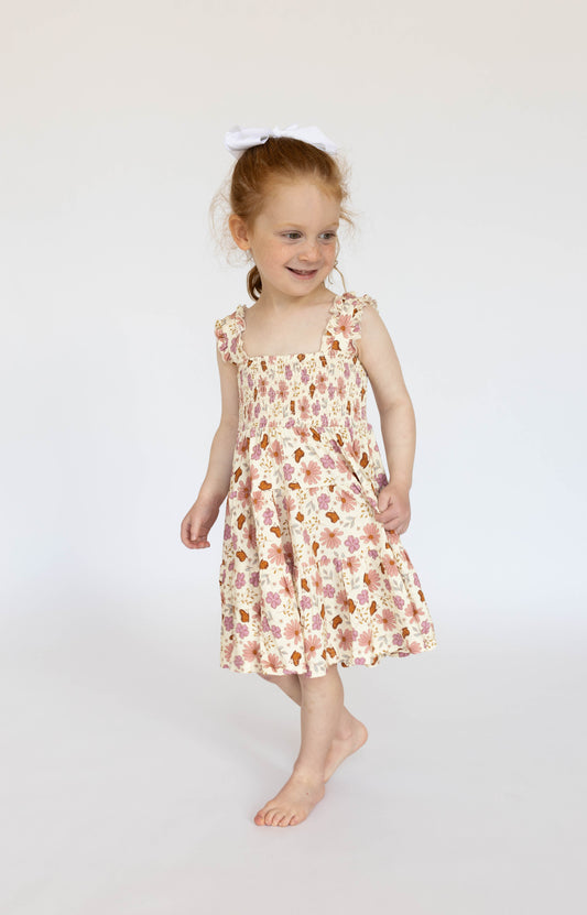 Floral Butterfly Shirred Dress