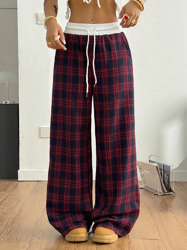 High Waist Plaid Straight Leg Sweatpants – Loose Fit Casual Pants