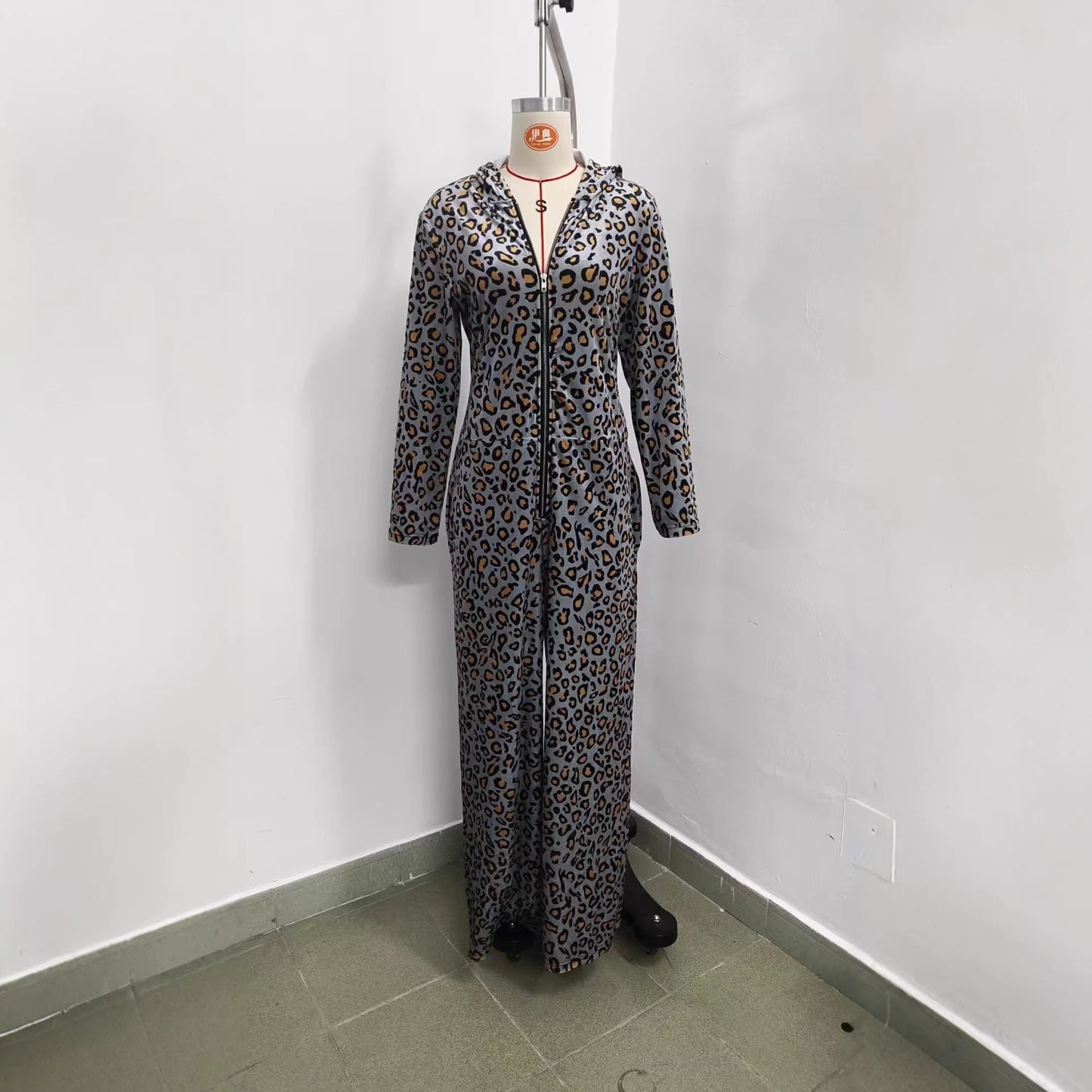 Leopard Print Petal Sleeve Hooded Wide Leg Jumpsuit