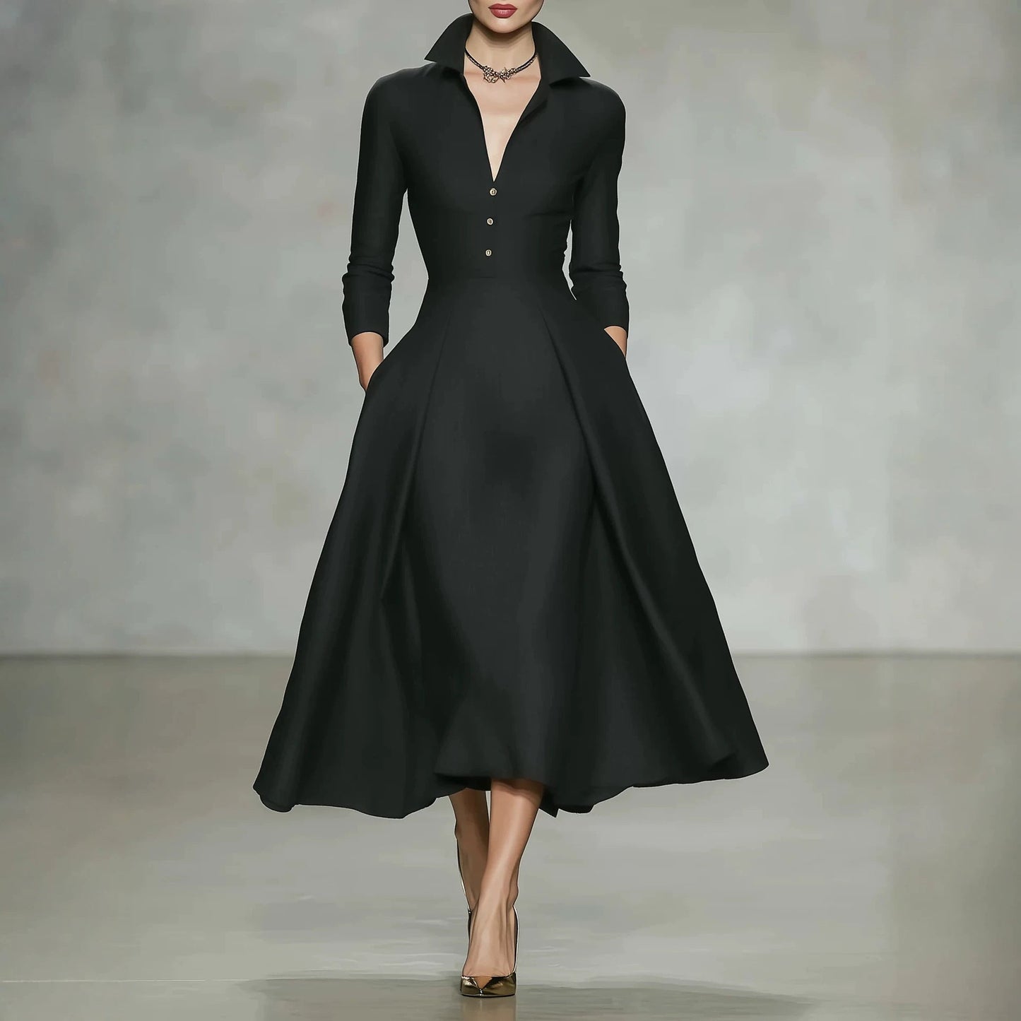 V-Neck Waist-Cinching Long Sleeve Midi Dress