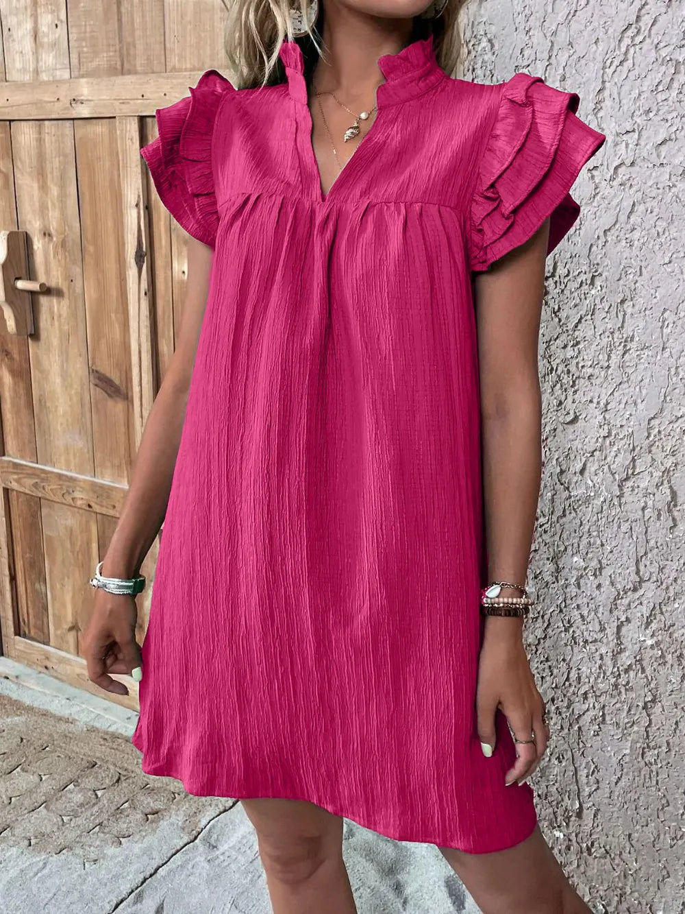 Ruffled Notched Cap Sleeve Mini Dress – Flirty Summer Style