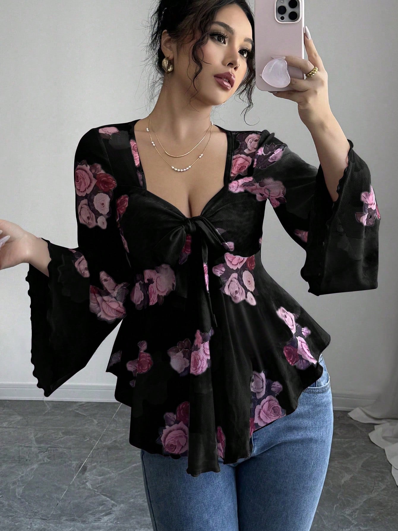 Floral Ombré Tie-Back Square Neck Long Sleeve Blouse – Sweet Style