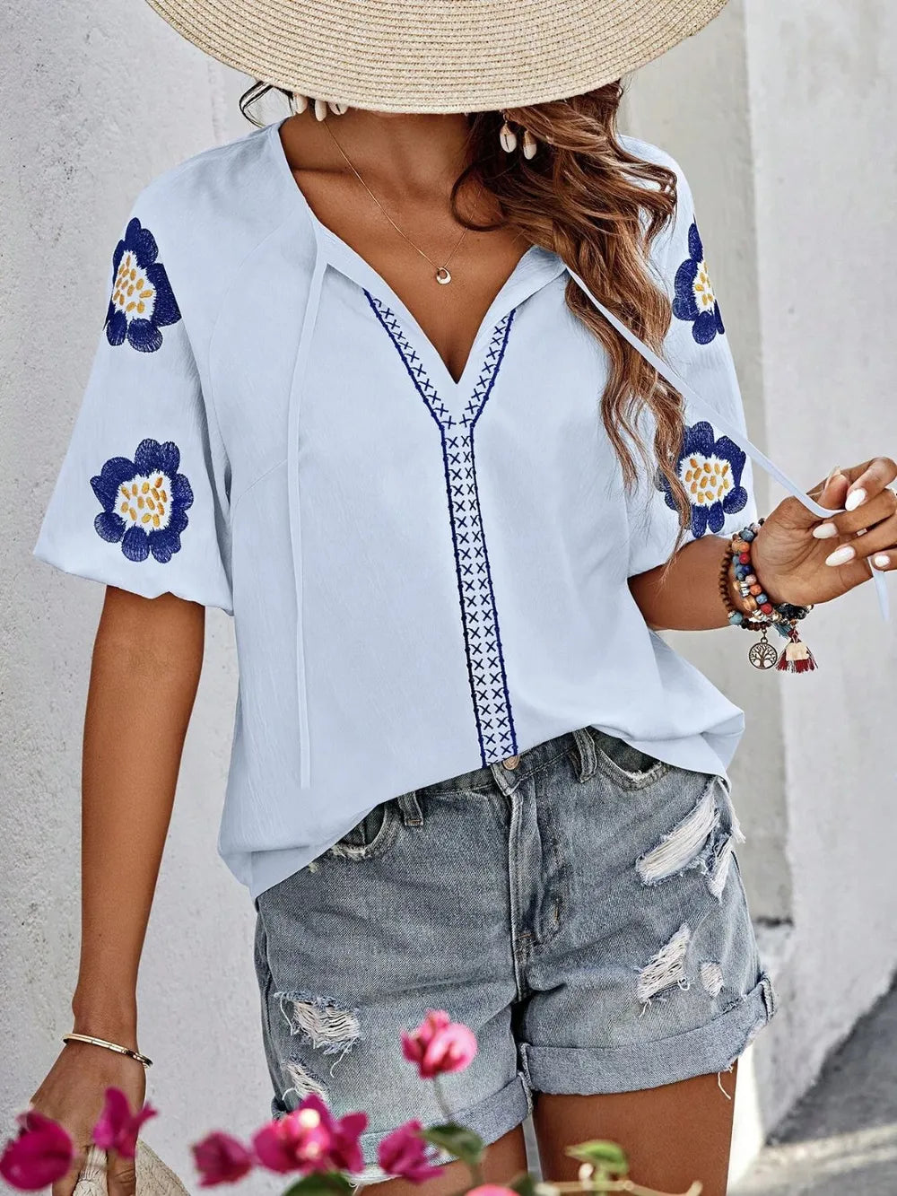 V-Neck Solid Color Loose Long Sleeve Top – Embroidered Tie Detail