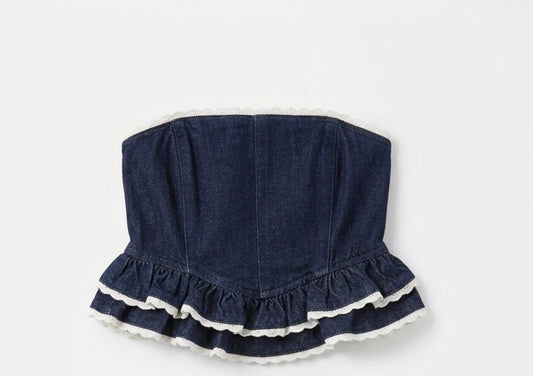Katie J - Kauai Lace Trimmed Denim Bustier Top and Short, Dark Wash