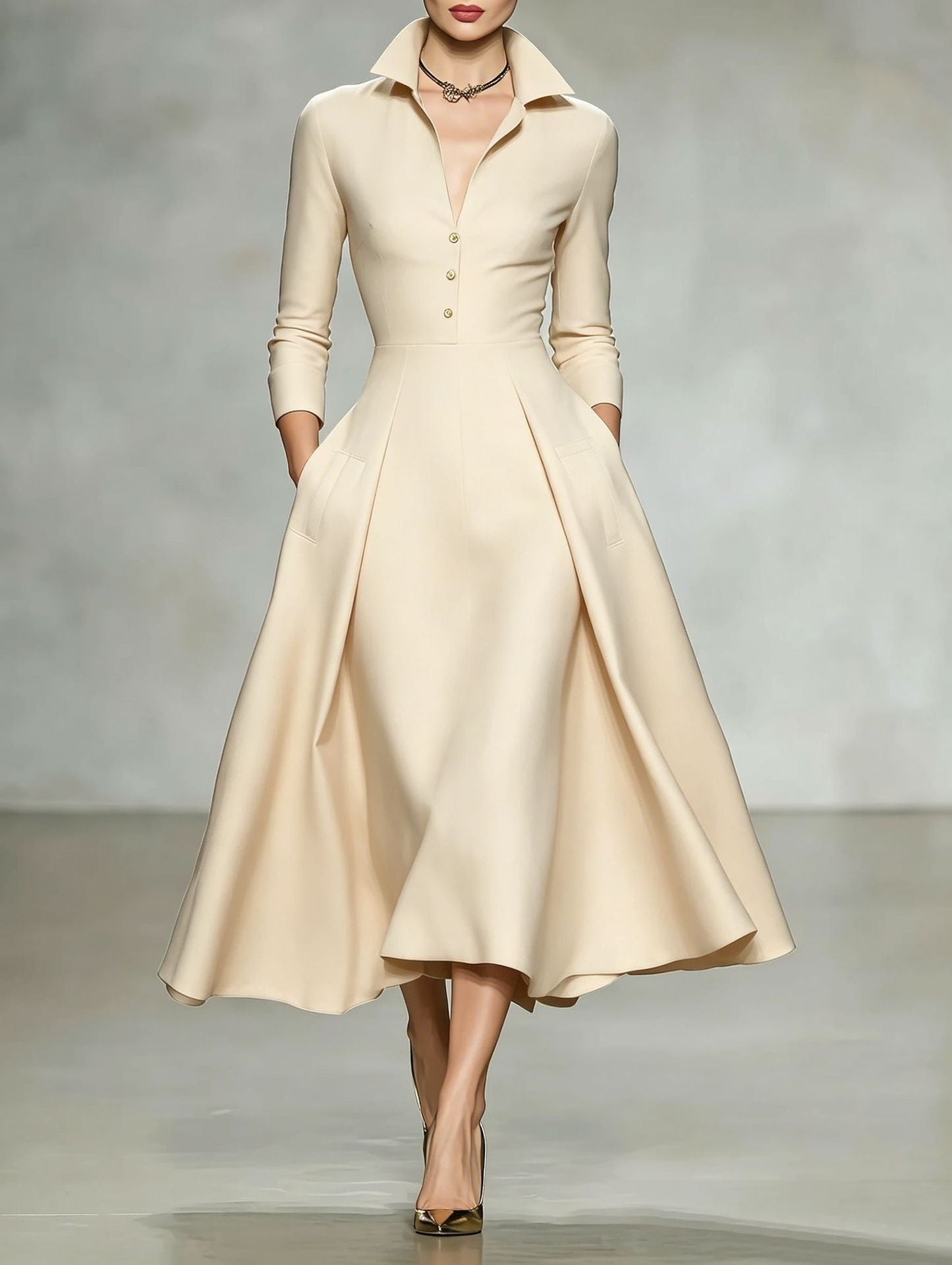 V-Neck Waist-Cinching Long Sleeve Midi Dress