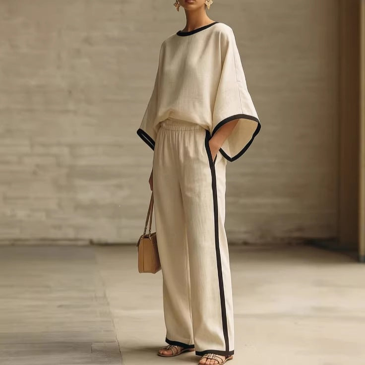 Loose Bat Sleeve Two-Piece Set – Round Neck Top & Wide Leg Pants