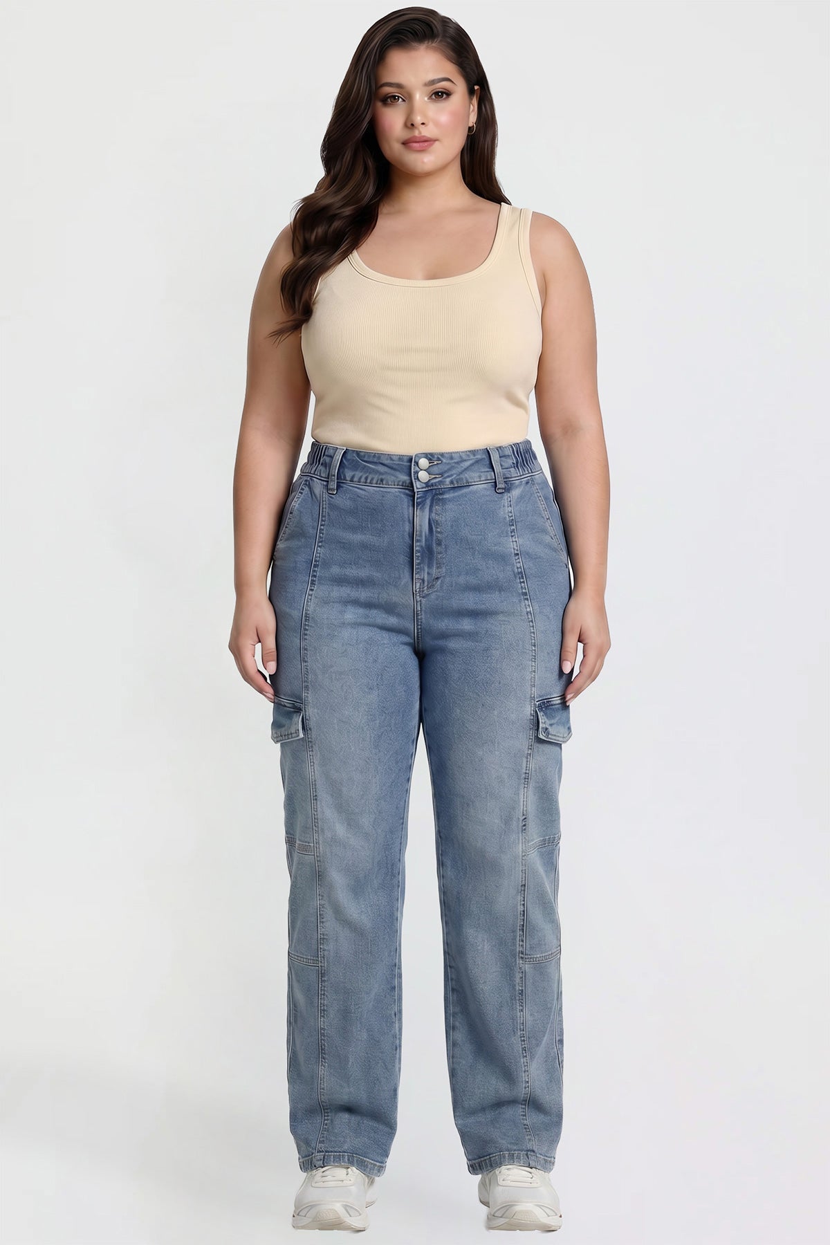 Women's Plus High Rise Elastic Waist Straight Cargo