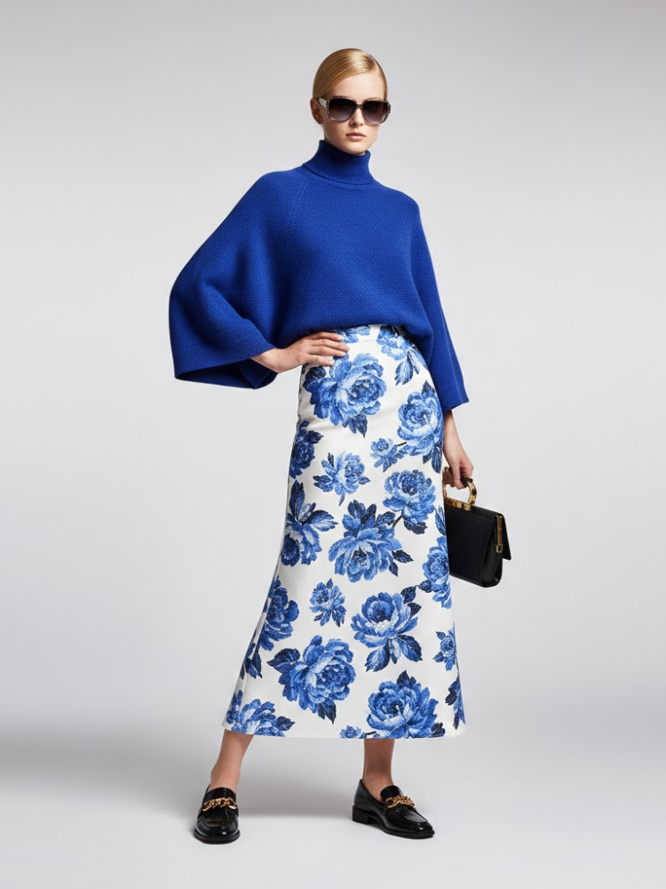 Electric Blue Relaxed-Fit Knit Sweater with Perkins Collar • BYMANYC ® New York