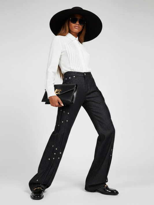 Elegant Wide-Leg Denim Trousers with Paneling and Stud Details • BYMANYC ® New York