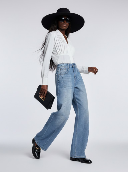 Elegant Wide-Leg Denim Trousers with Structural Paneling • BYMANYC ® New York