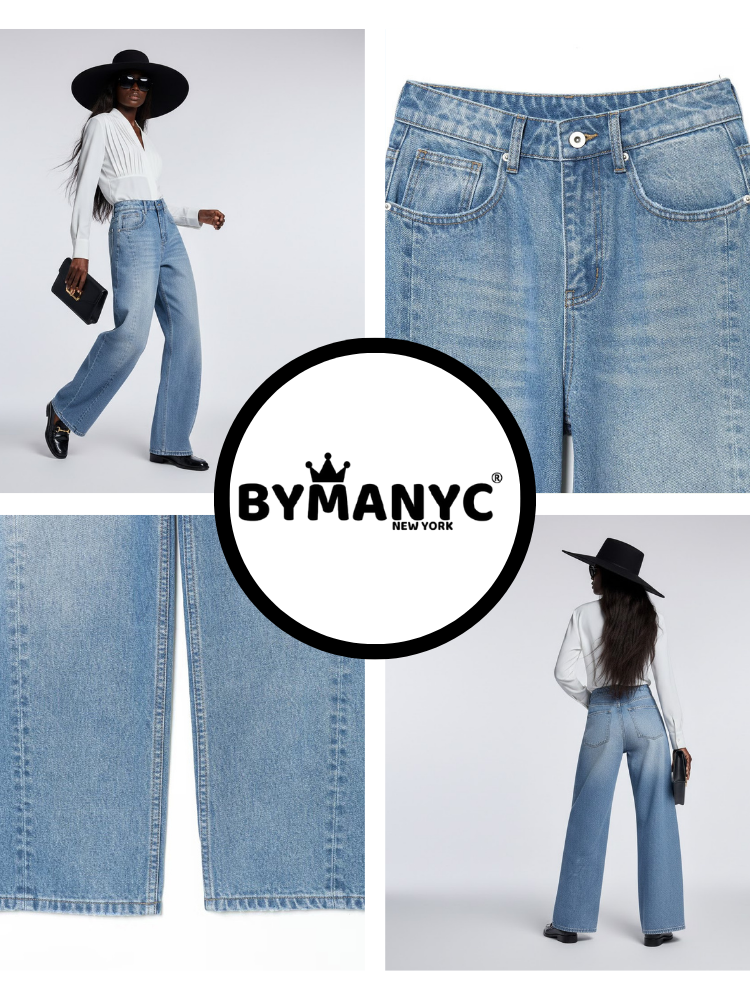 Elegant Wide-Leg Denim Trousers with Structural Paneling • BYMANYC ® New York