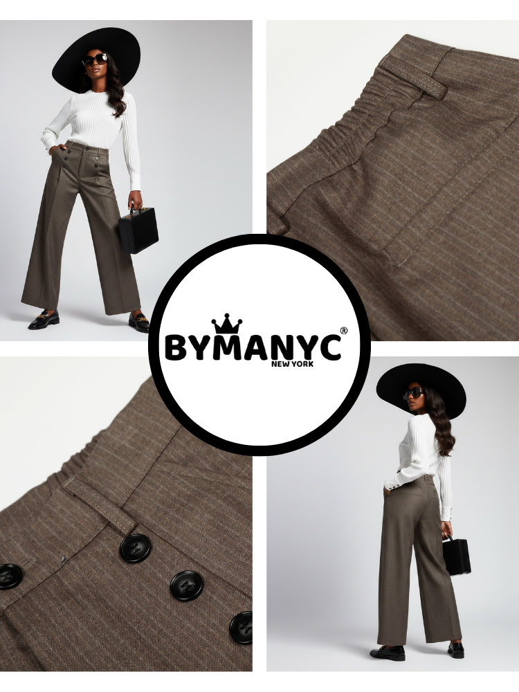 Elegant Wide-Leg Women's Trousers with Front Buttoning • BYMANYC ® New York