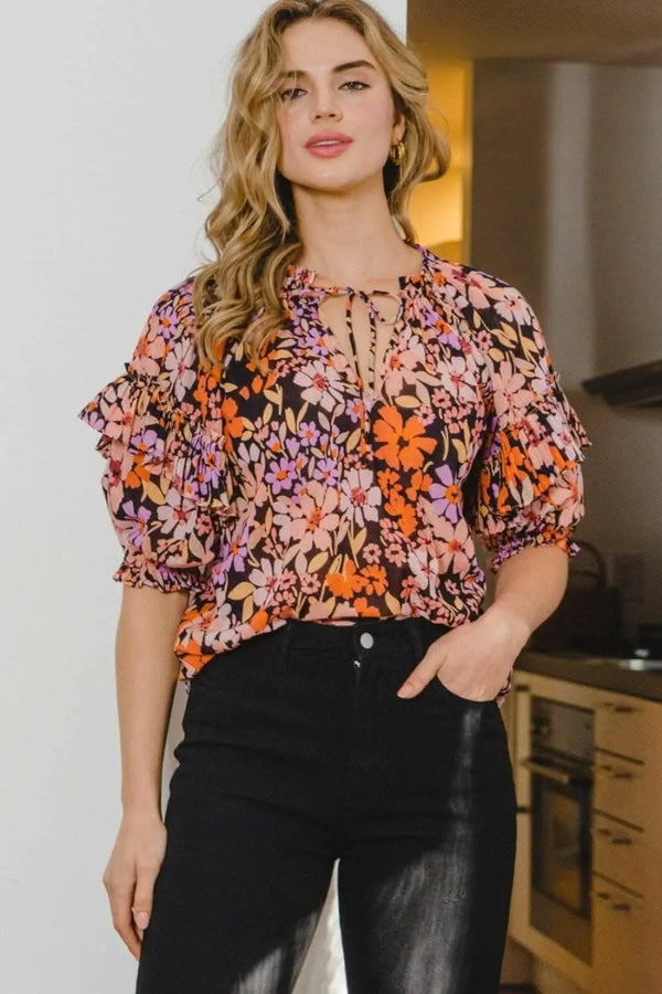 Trendsi Floral Ruffle Blouse Women's Elegant Tie Neck Top - Lightweight