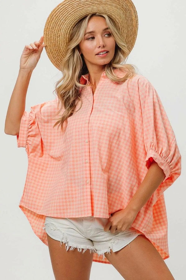 Trendsi Plaid Button Down Women's Elegant Dolman Sleeve Shirt - Comfy Fit