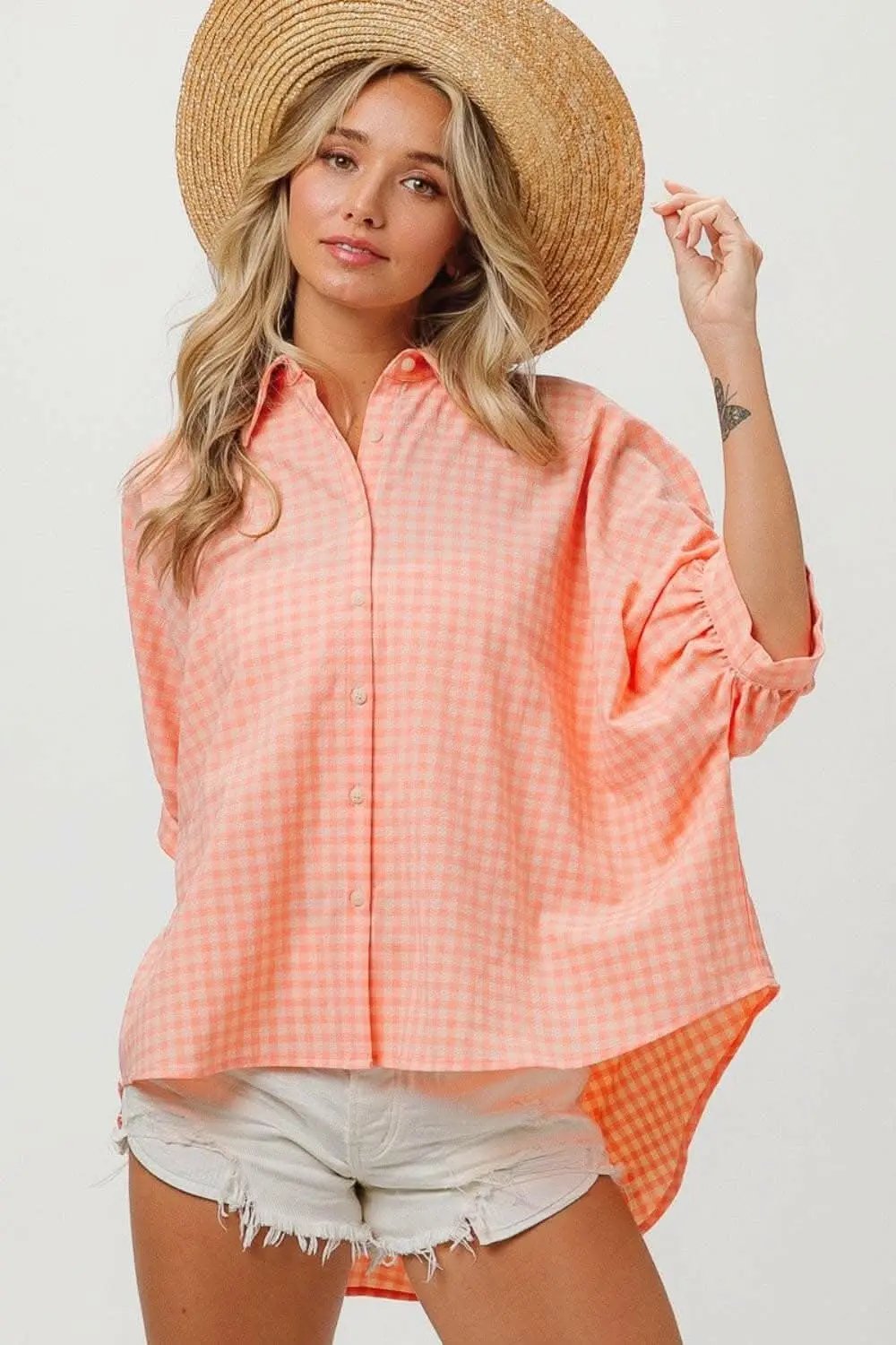Trendsi Plaid Button Down Women's Elegant Dolman Sleeve Shirt - Comfy Fit