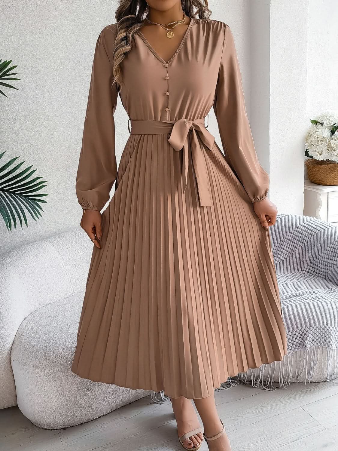 Trendsi V-Neck Dress Women's Elegant Long Sleeve Sheer Tie Dress Fashion