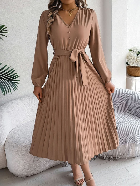 Trendsi V-Neck Dress Women's Elegant Long Sleeve Sheer Tie Dress Fashion