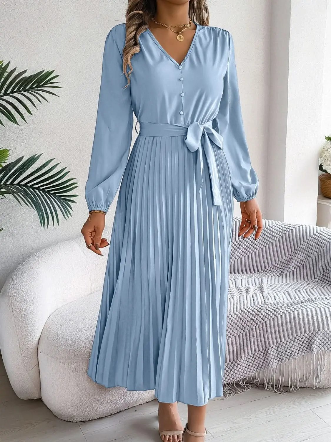 Trendsi V-Neck Dress Women's Elegant Long Sleeve Sheer Tie Dress Fashion