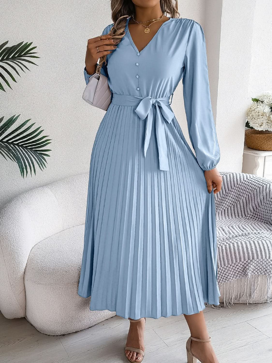 Trendsi V-Neck Dress Women's Elegant Long Sleeve Sheer Tie Dress Fashion
