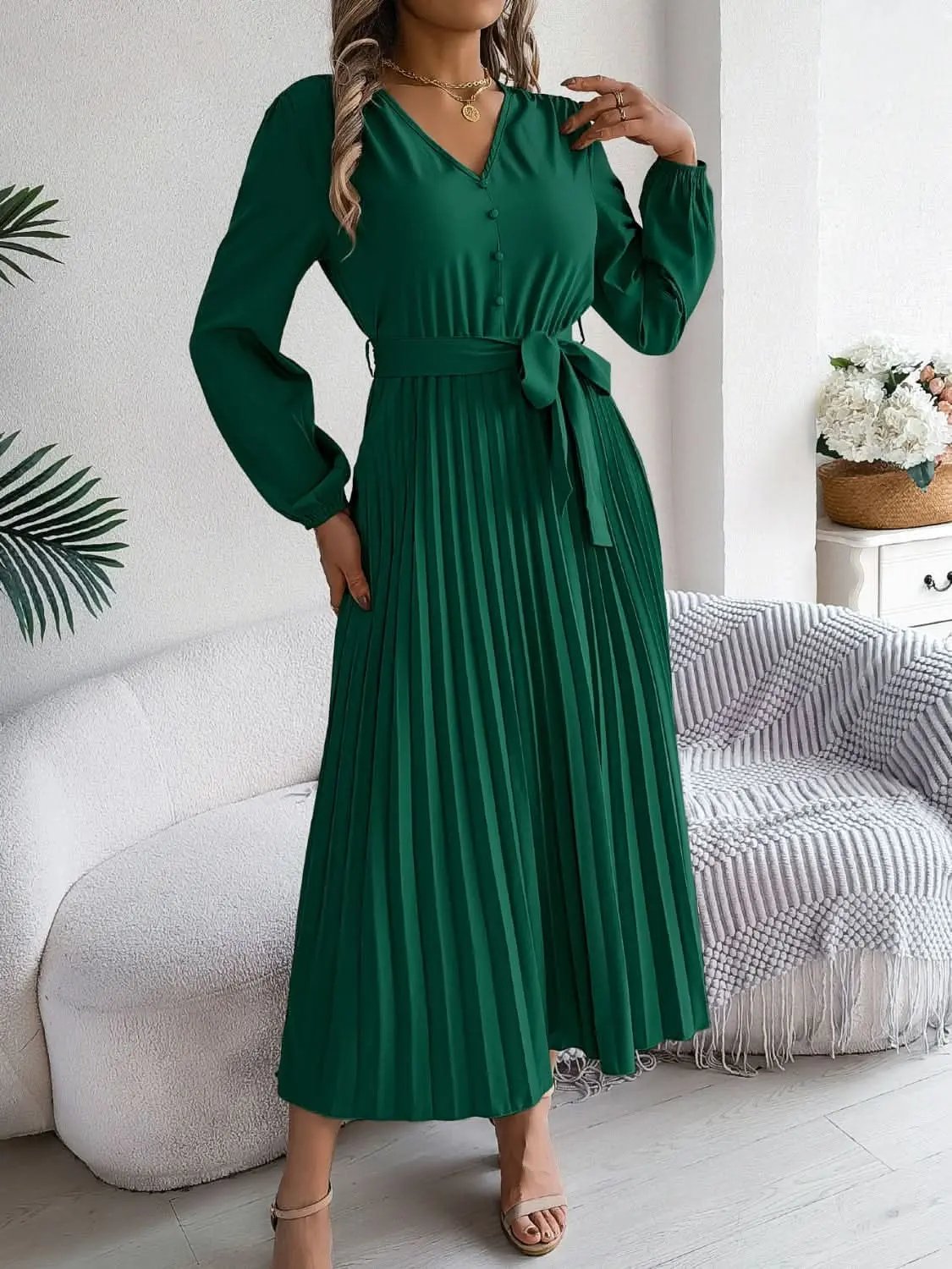 Trendsi V-Neck Dress Women's Elegant Long Sleeve Sheer Tie Dress Fashion