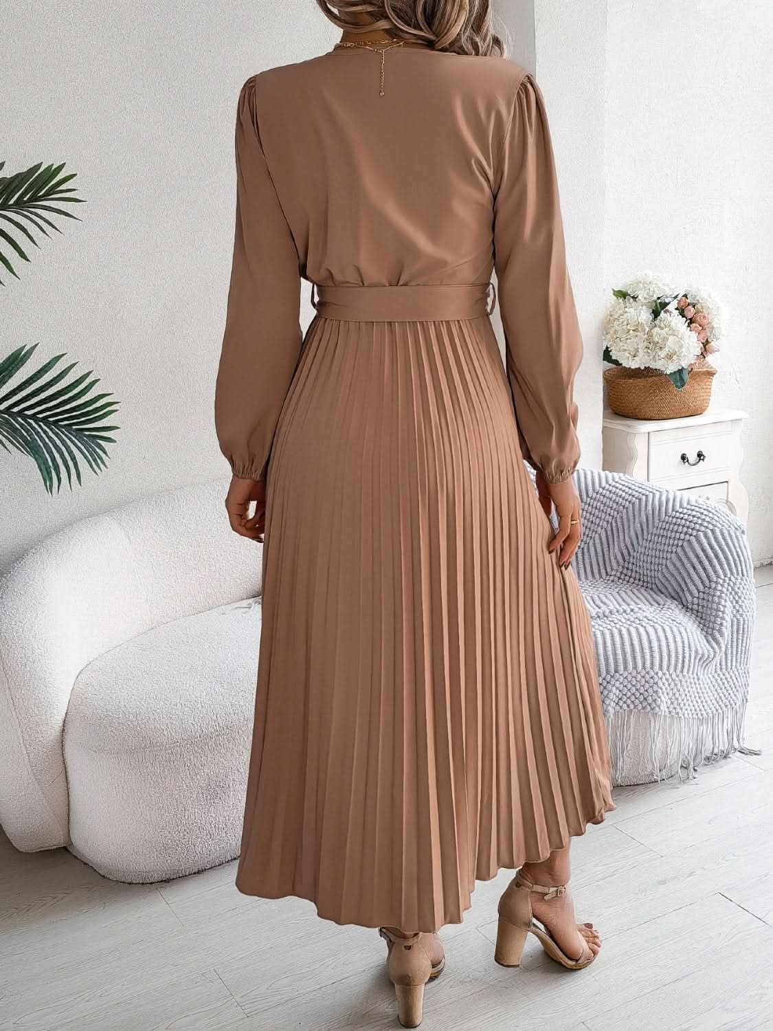 Trendsi V-Neck Dress Women's Elegant Long Sleeve Sheer Tie Dress Fashion