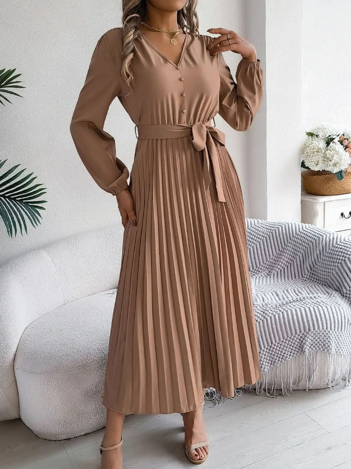 Trendsi V-Neck Dress Women's Elegant Long Sleeve Sheer Tie Dress Fashion
