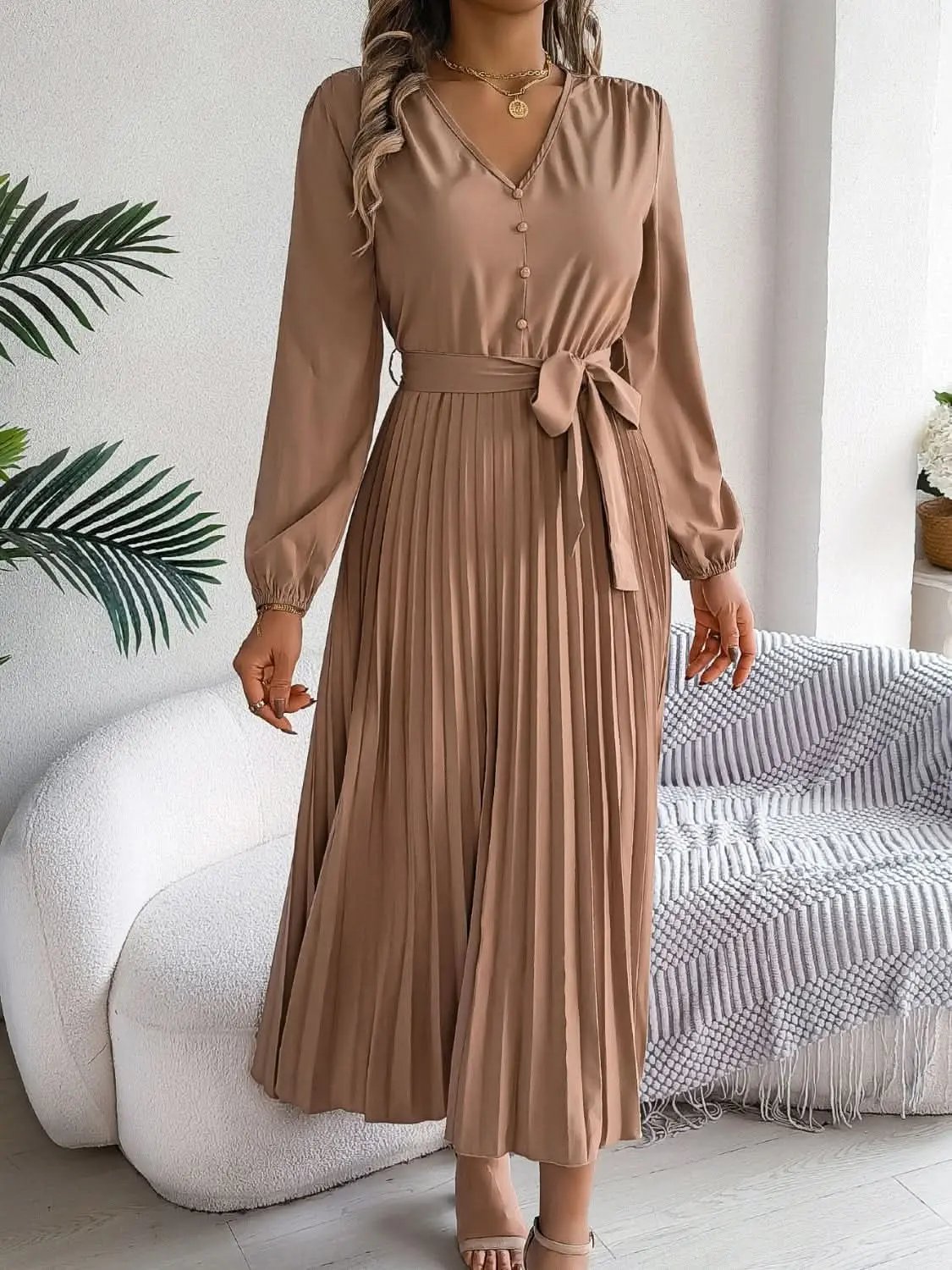 Trendsi V-Neck Dress Women's Elegant Long Sleeve Sheer Tie Dress Fashion